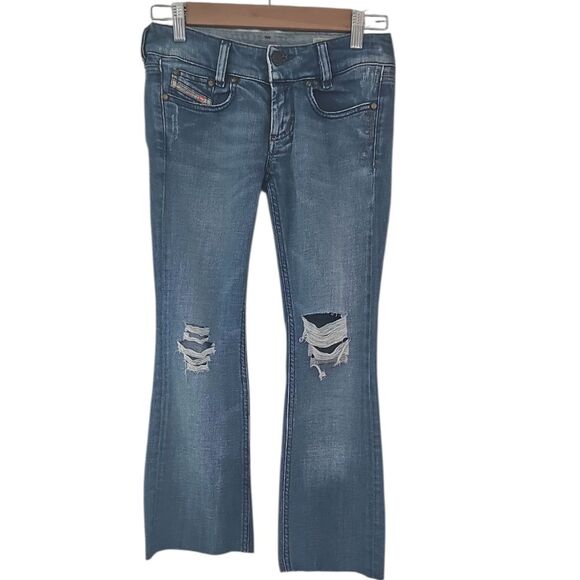 Vintage Y2K Diesel Distressed Jeans Sz 24 Made in Italy Low Rise Flared Cropped - Picture 1 of 16